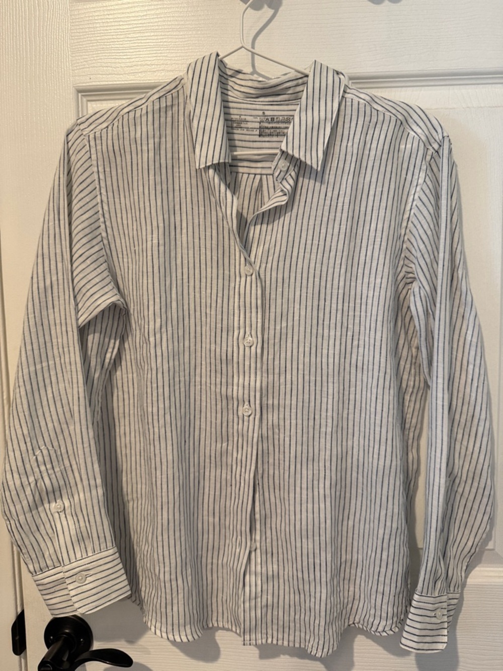 Muji Women’s linen White Button-Up Shirt with Navy Stripes - Casual & Timeless